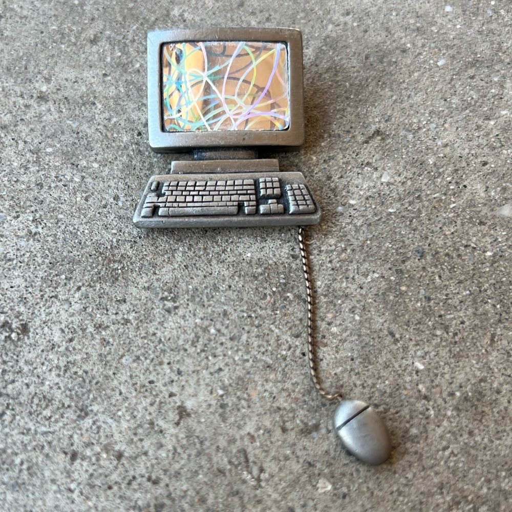 Vintage JJ Jonette stamped/signed pewter laptop computer mouse brooch pin RARE